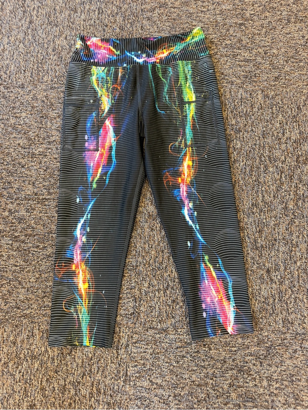 INKnBURN Black Ankle Leggings with Neon Rainbow Streaks